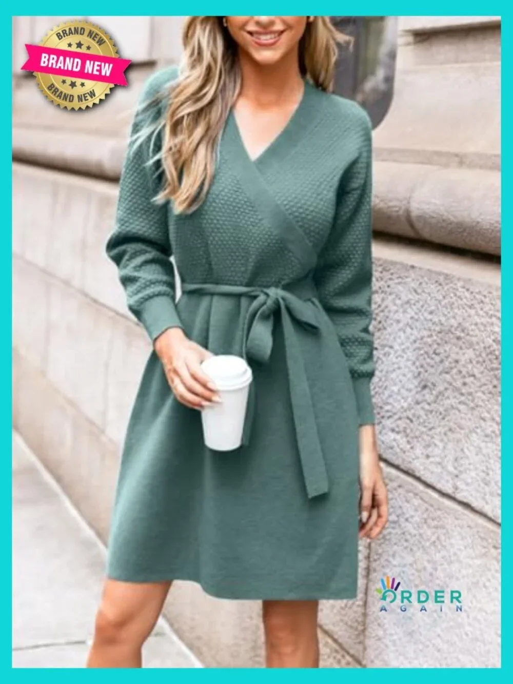 Ribbed Knit Sweater Dress V Neck Long Sleeve Belted Fitted A Line Midi